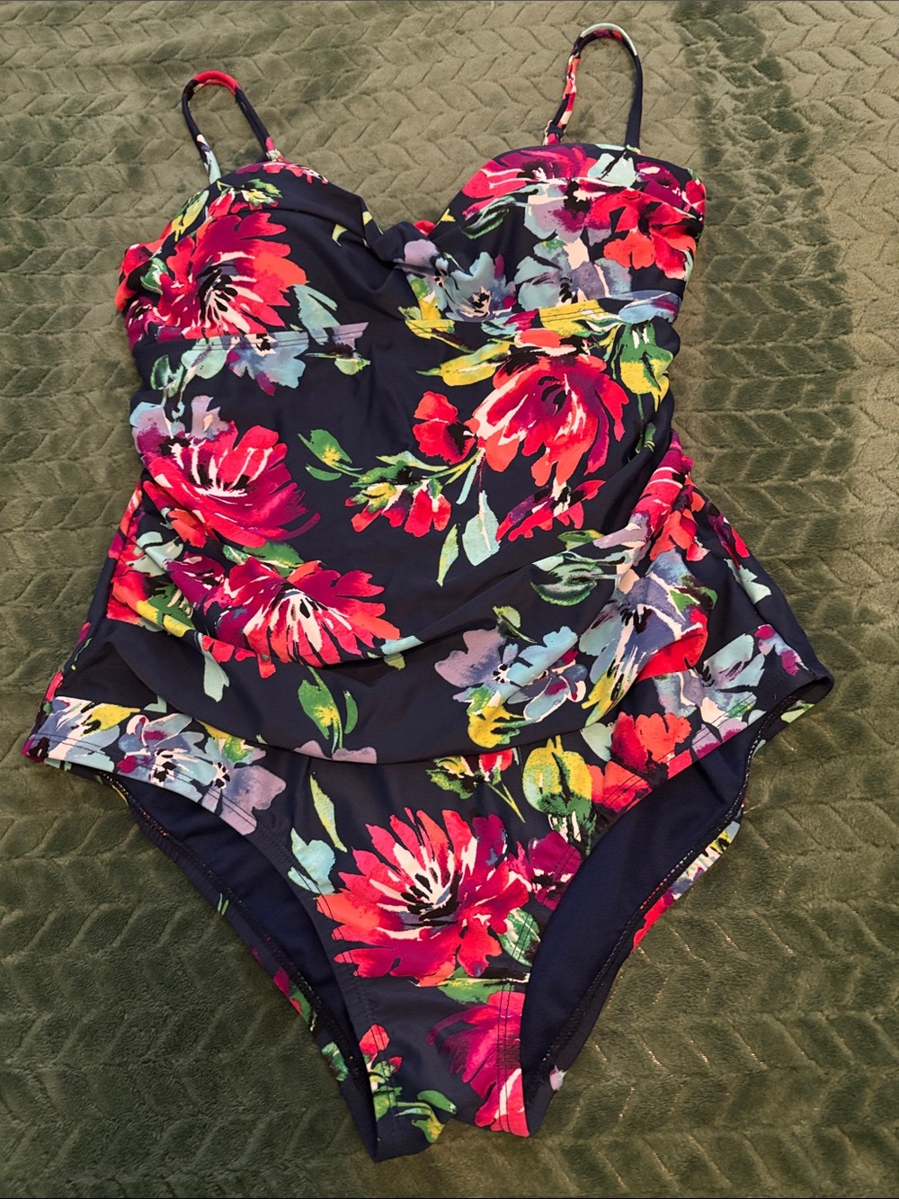 Catalina Floral One Piece Swimsuit Blue Pink Ruching Large 12/14